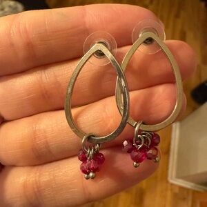 Silver Teardrop Earrings with Pink Accents